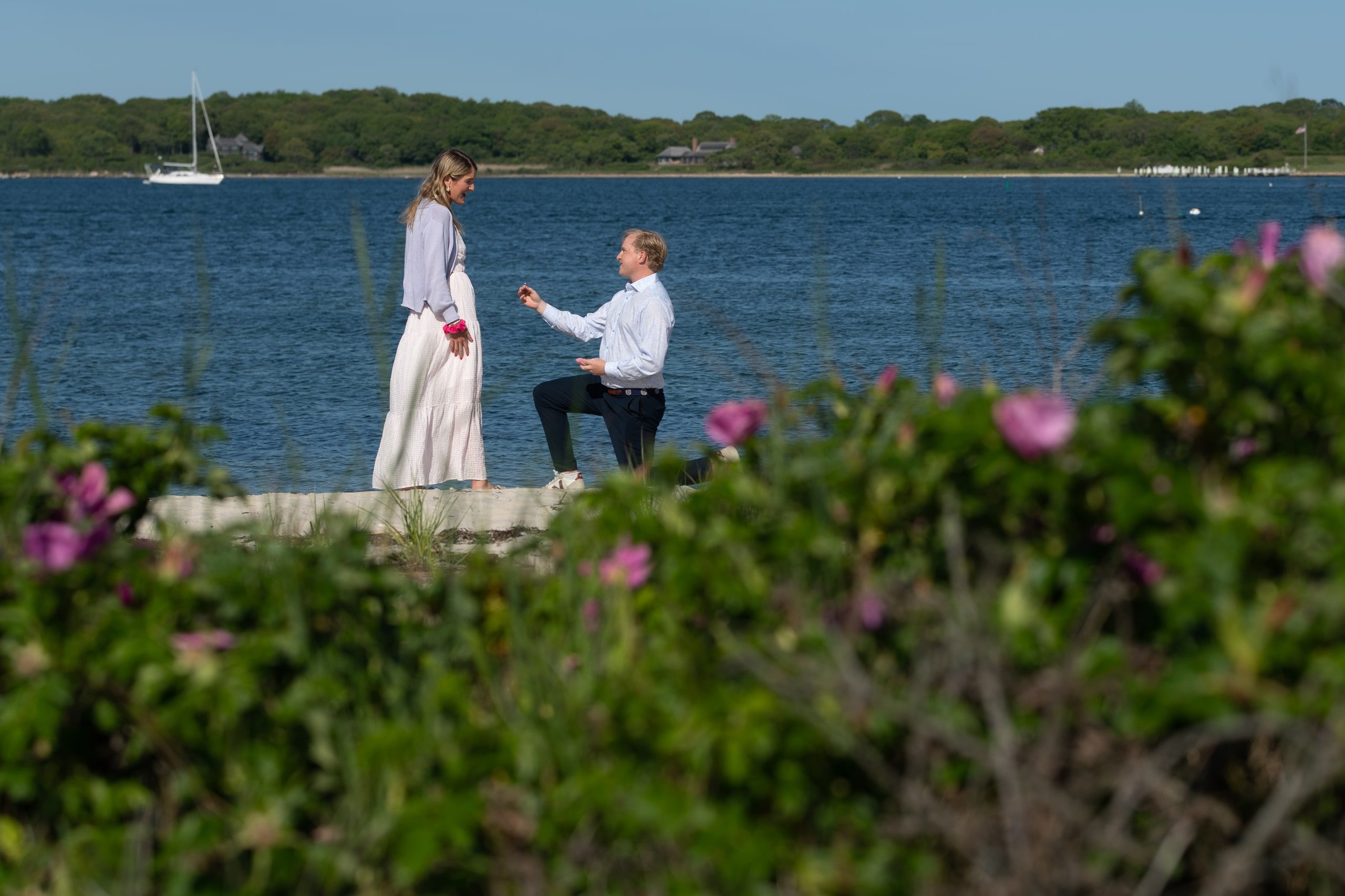 a man on one knee proposing to a woman on the beach on a sunny day